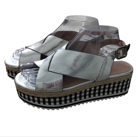ZARA Women's Size 7 Gingham Silver Crossover Wedge Chunky Platform Sandal Preppy - Picture 3 of 7